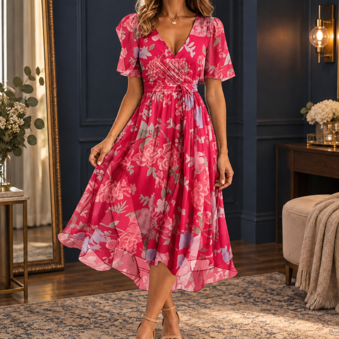 Ilaria-Eve Wrap Midi Dress - Pink