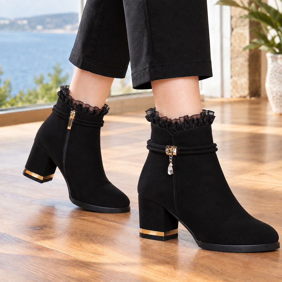 Nervesa Ruffle Ankle Boots - Black