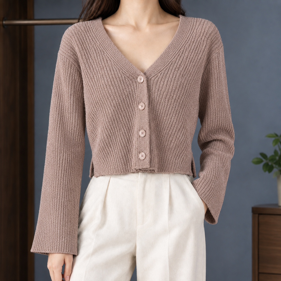 Raven Ribbed Cardigan - Khaki