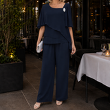 Rosalie-Claire Asymmetric Pants Set - Navy Blue