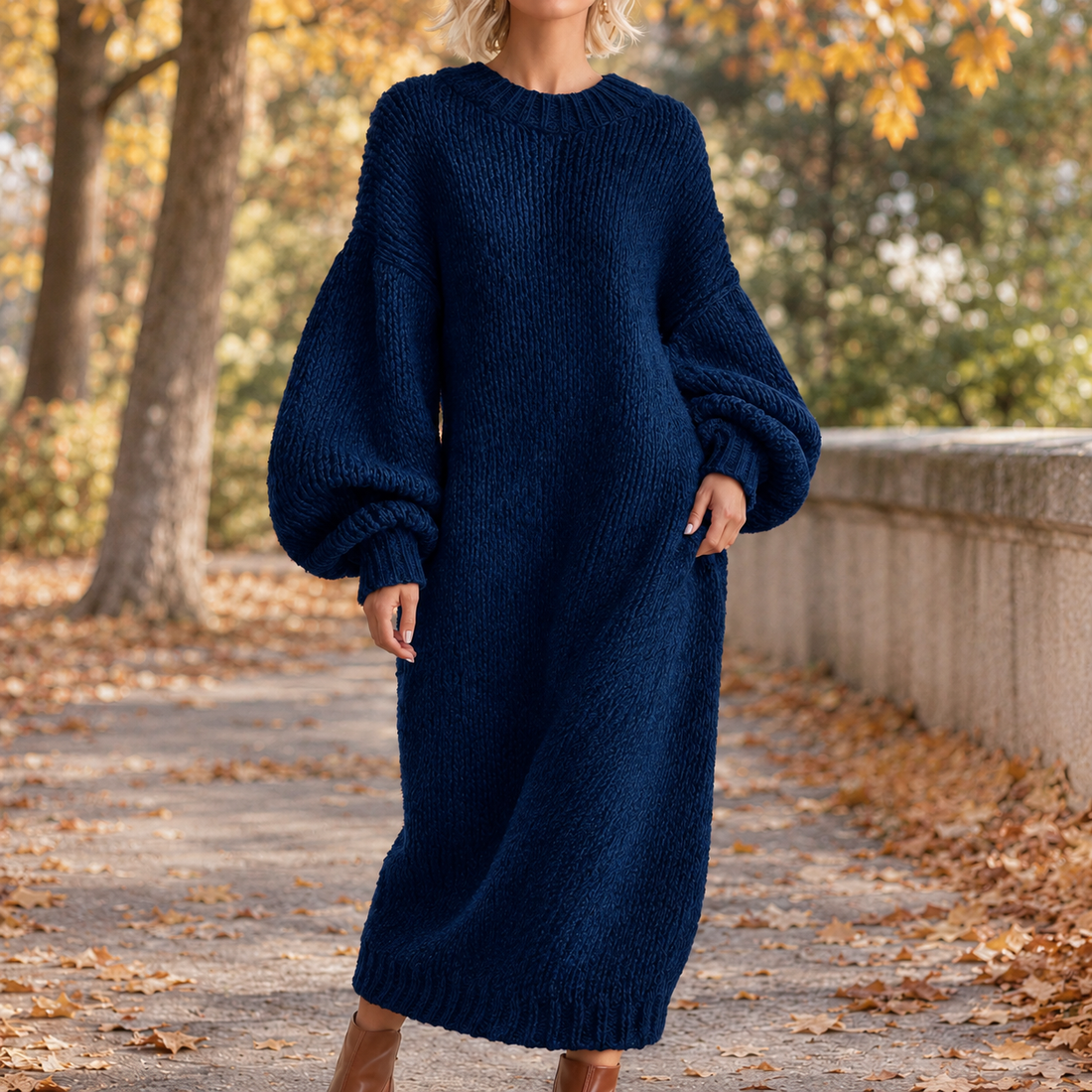 Emery-Jane Lantern Sleeve Dress - Navy Blue