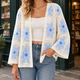 Victoria Crochet Cardigan - White Blue Floral Pattern