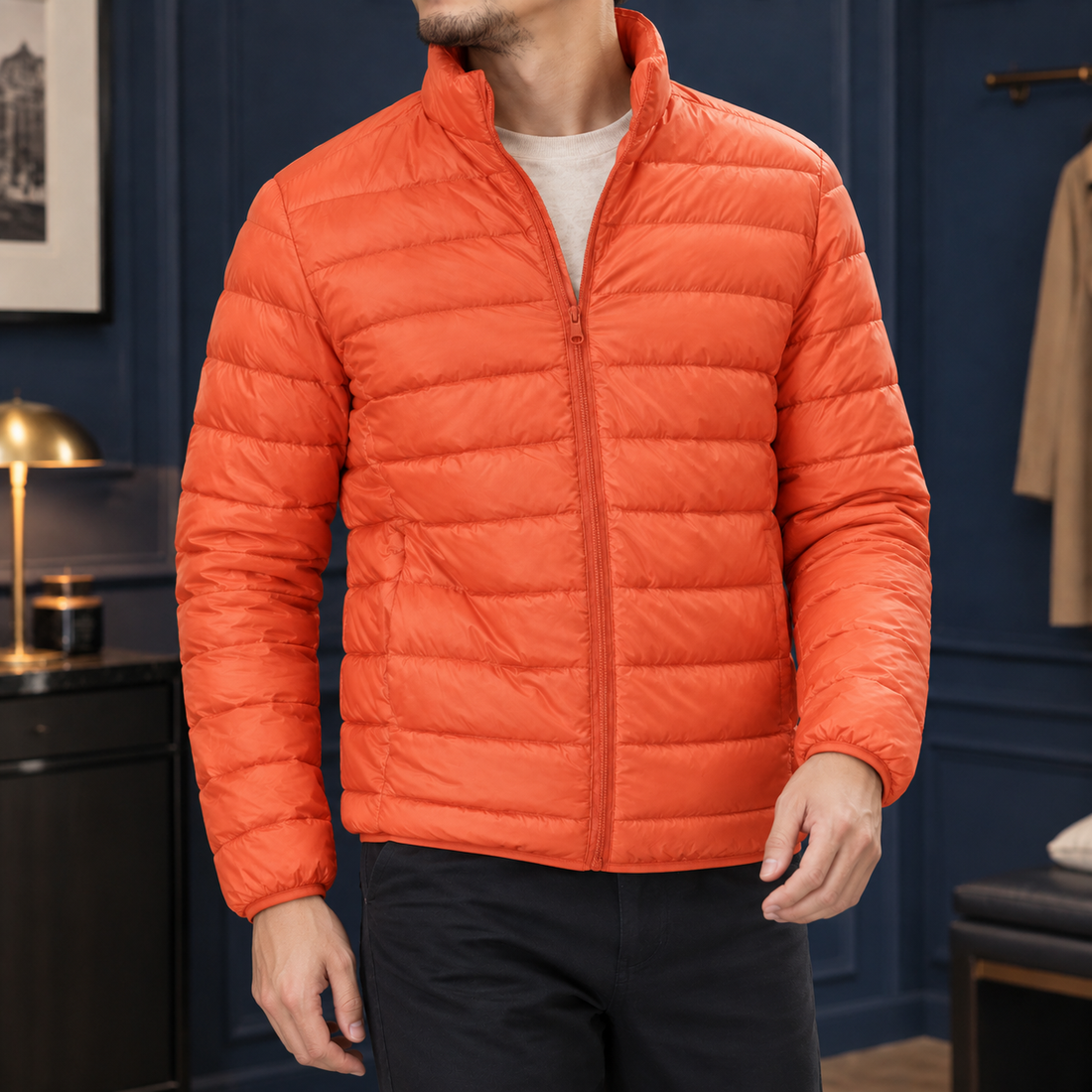 Duarte Cashmere Puffer Jacket - Orange (stand collar)