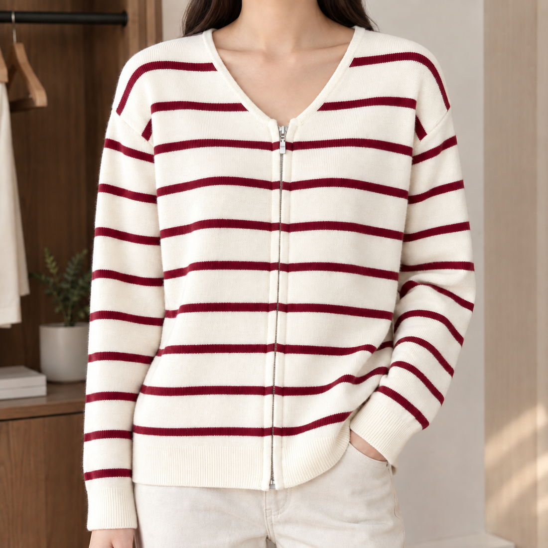 Tessa-Hope Striped Cardigan - Cream Burgundy
