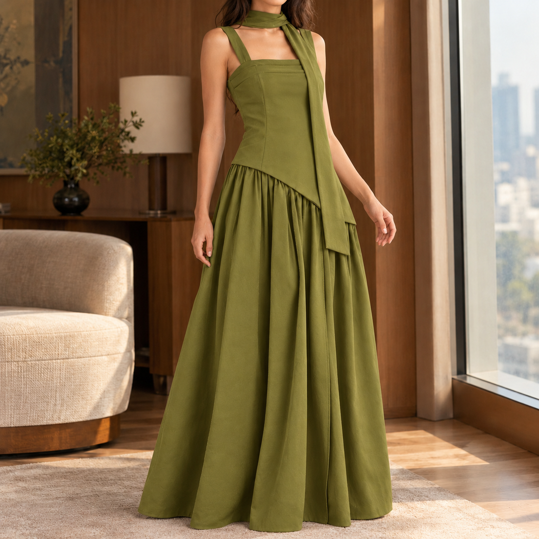 Evelina-Sage Asymmetric Maxi Dress - Olive