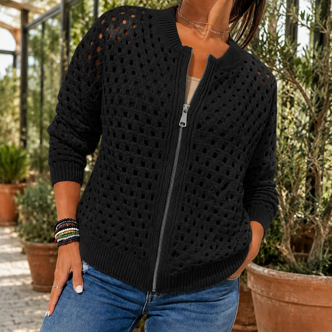Georgina-Skye Open-Knit Sweater - Black