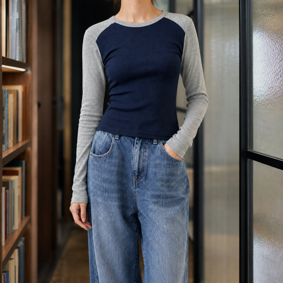Adeline-Elise Contrast Top - Navy Blue