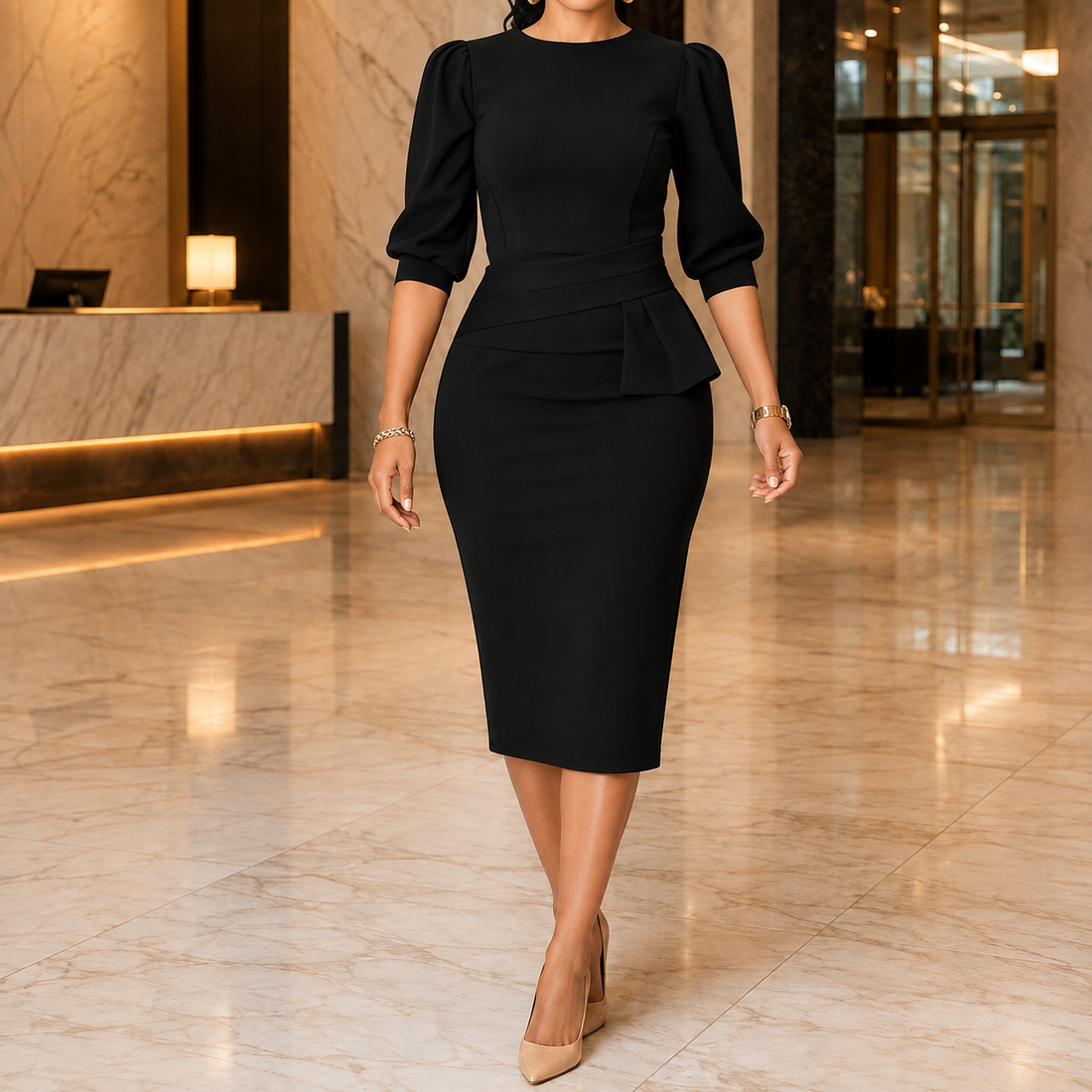 Liora-Claire Peplum Pencil Dress - Black
