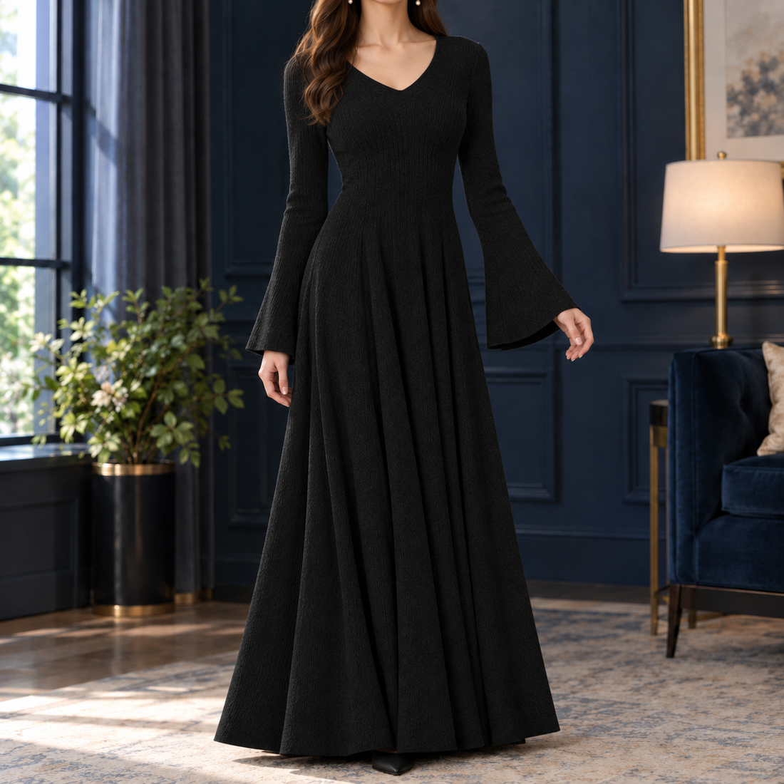 Tamsin-Eve Ribbed Maxi Dress - Black