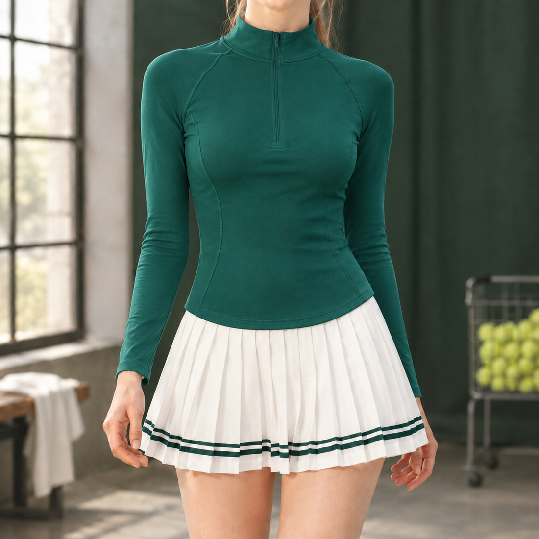Modesty-Pearl Quarter Zip Top - Dark Green Top