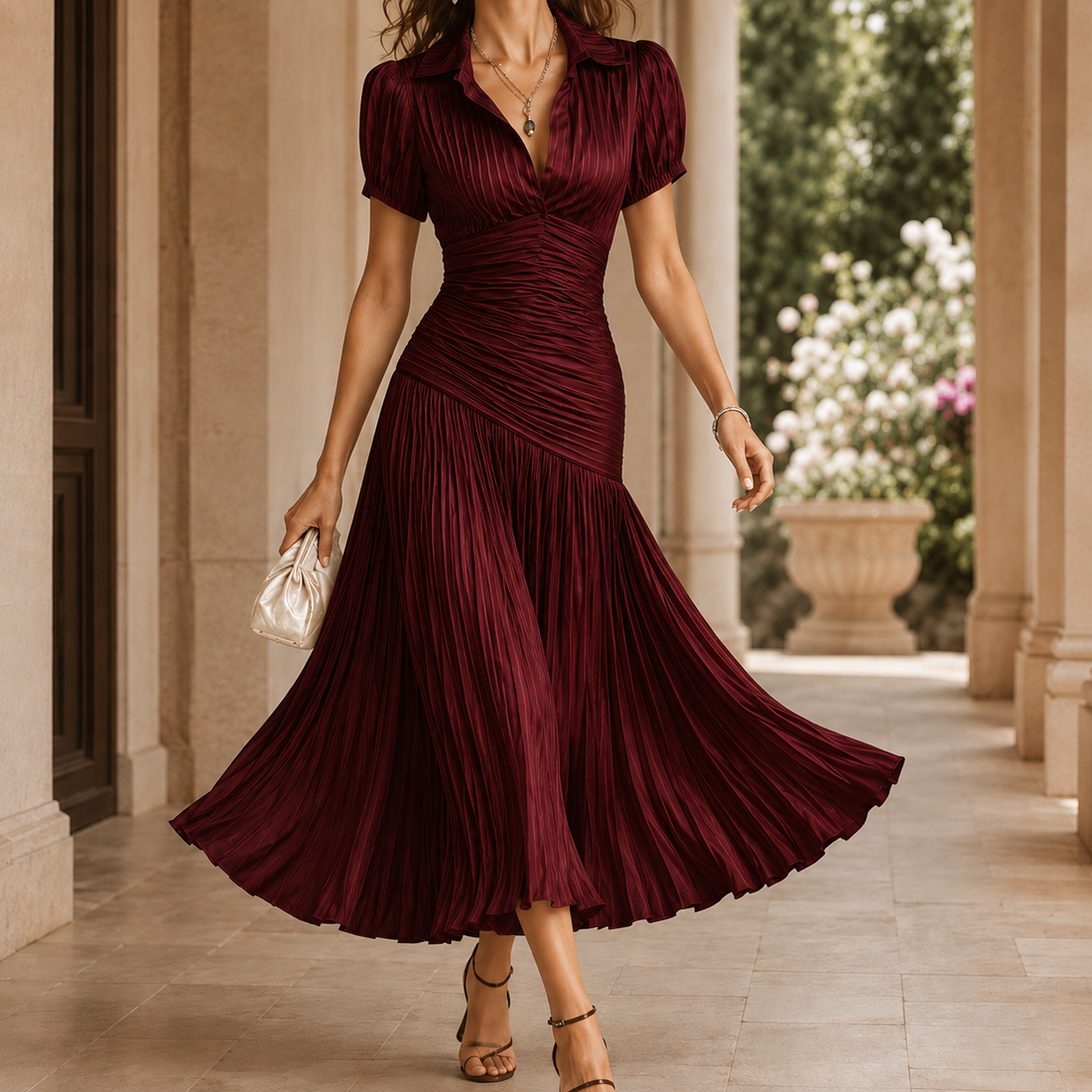 Cordelia Ruched Midi Dress - Wine Red
