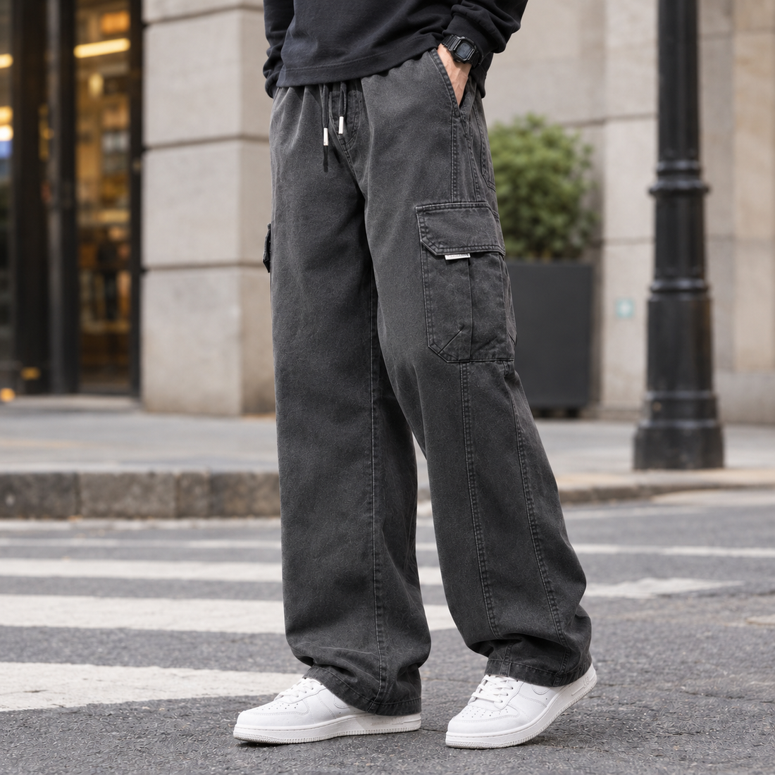 Lothaire-Grey Relaxed Cargo Pants - Dark Gray