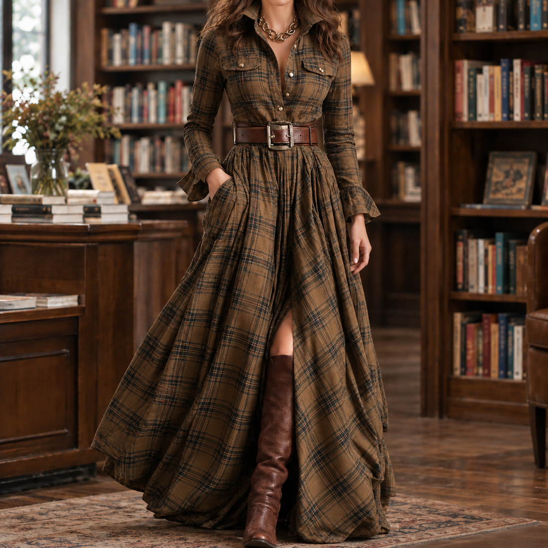 Antonia-Lane Plaid Maxi Dress - Khaki Plaid
