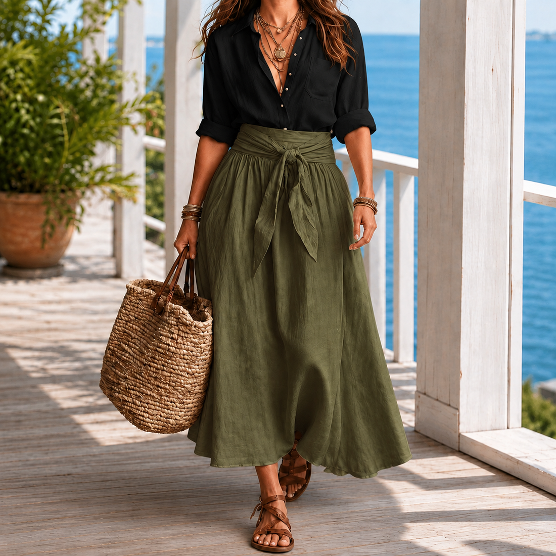 Isabeau Tie-Waist Set - Black Green