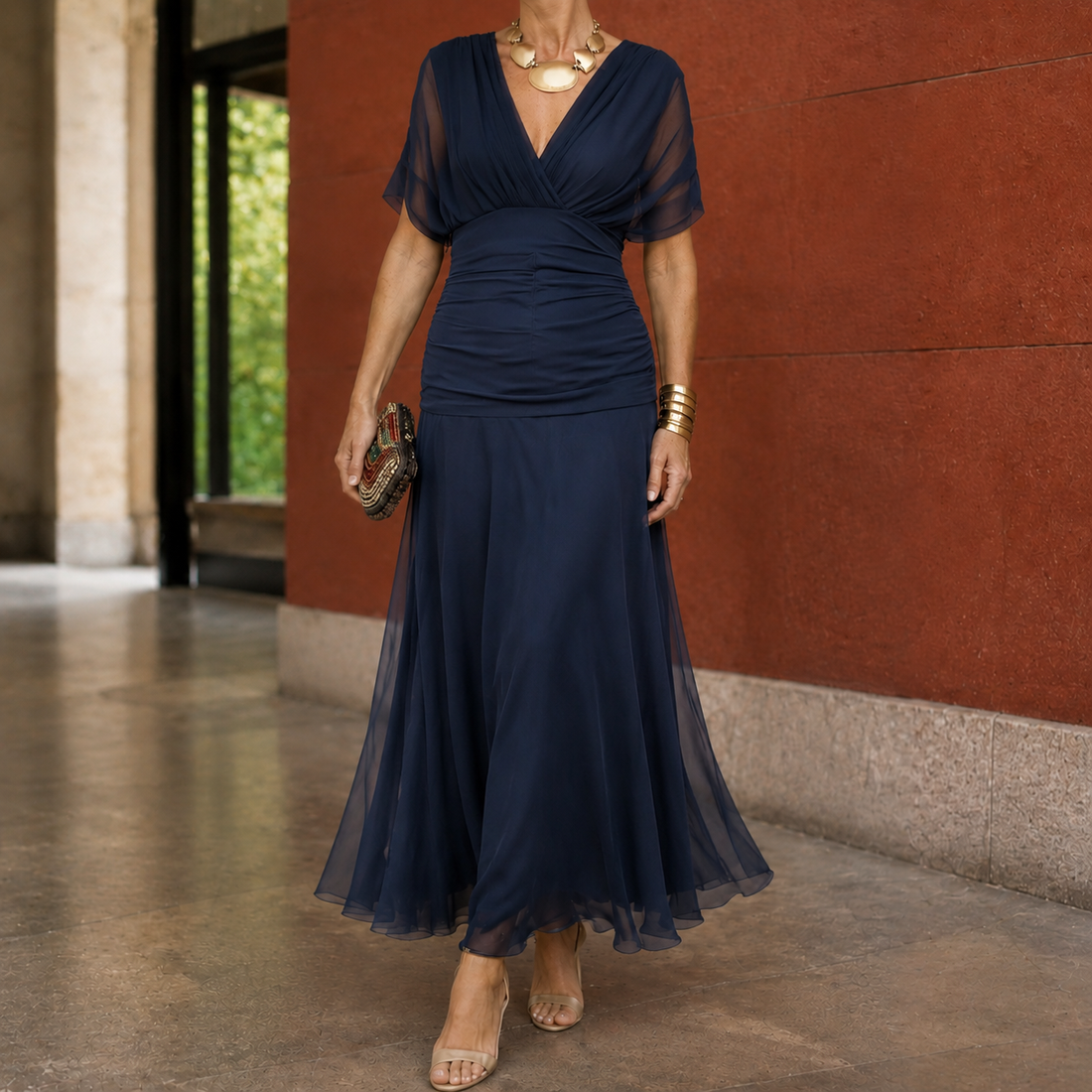 Serena-Pearl Draped Maxi Dress - Dark Blue