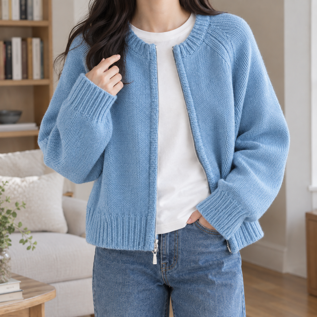 Nora-Skye Zip Cardigan - Sky Blue