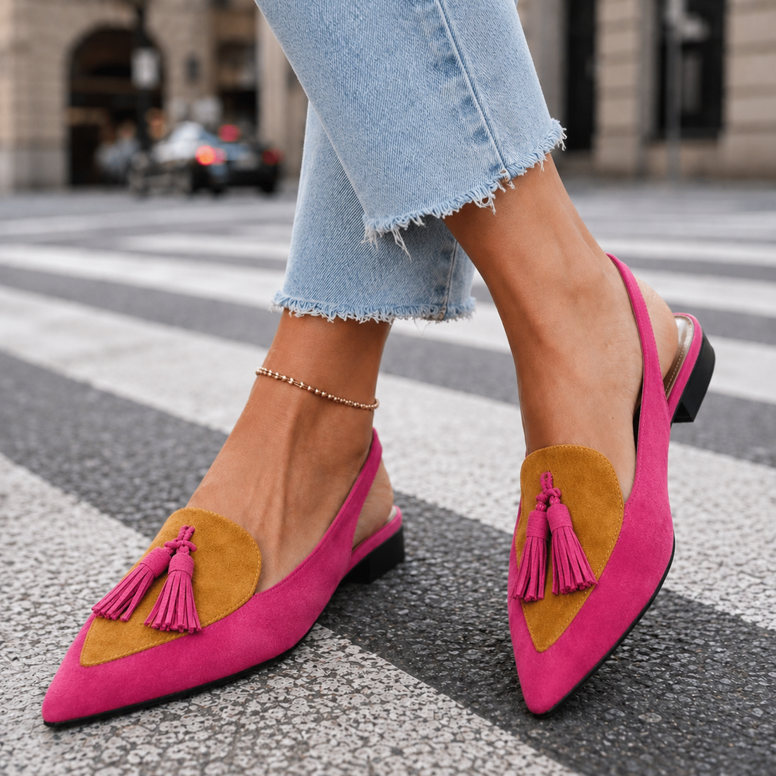 Giuliani Tassel Slingbacks - Pink & Mustard