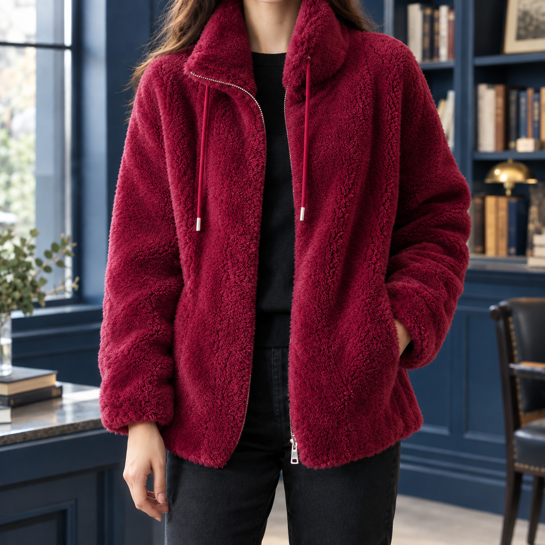 Agnes-Claire Plush Fleece Jacket - Wine Red