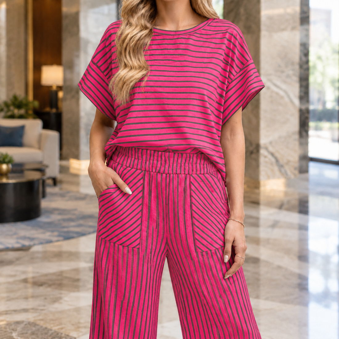Zenobia Striped Pants Set - Pink