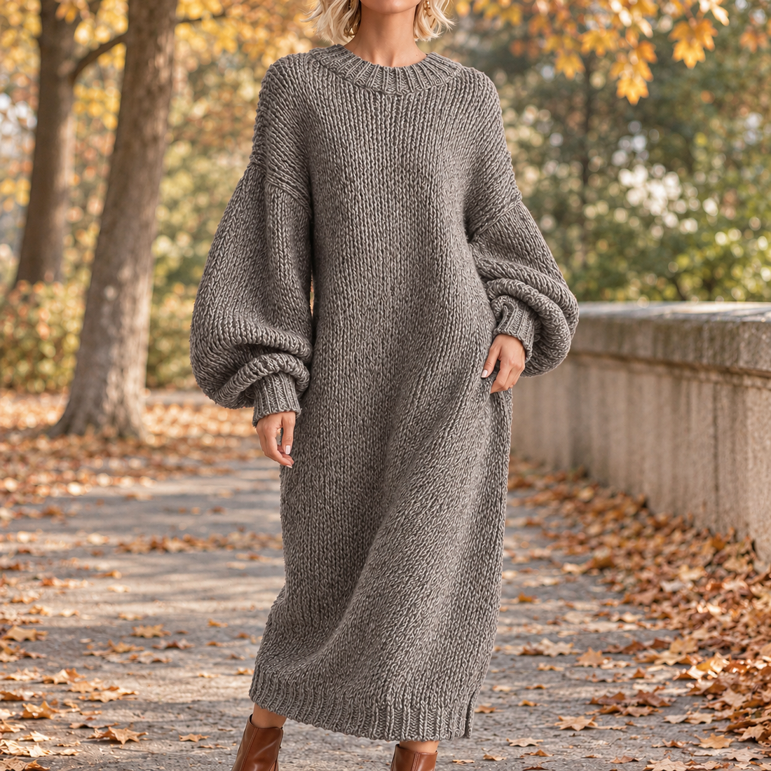 Emery-Jane Lantern Sleeve Dress - Gray