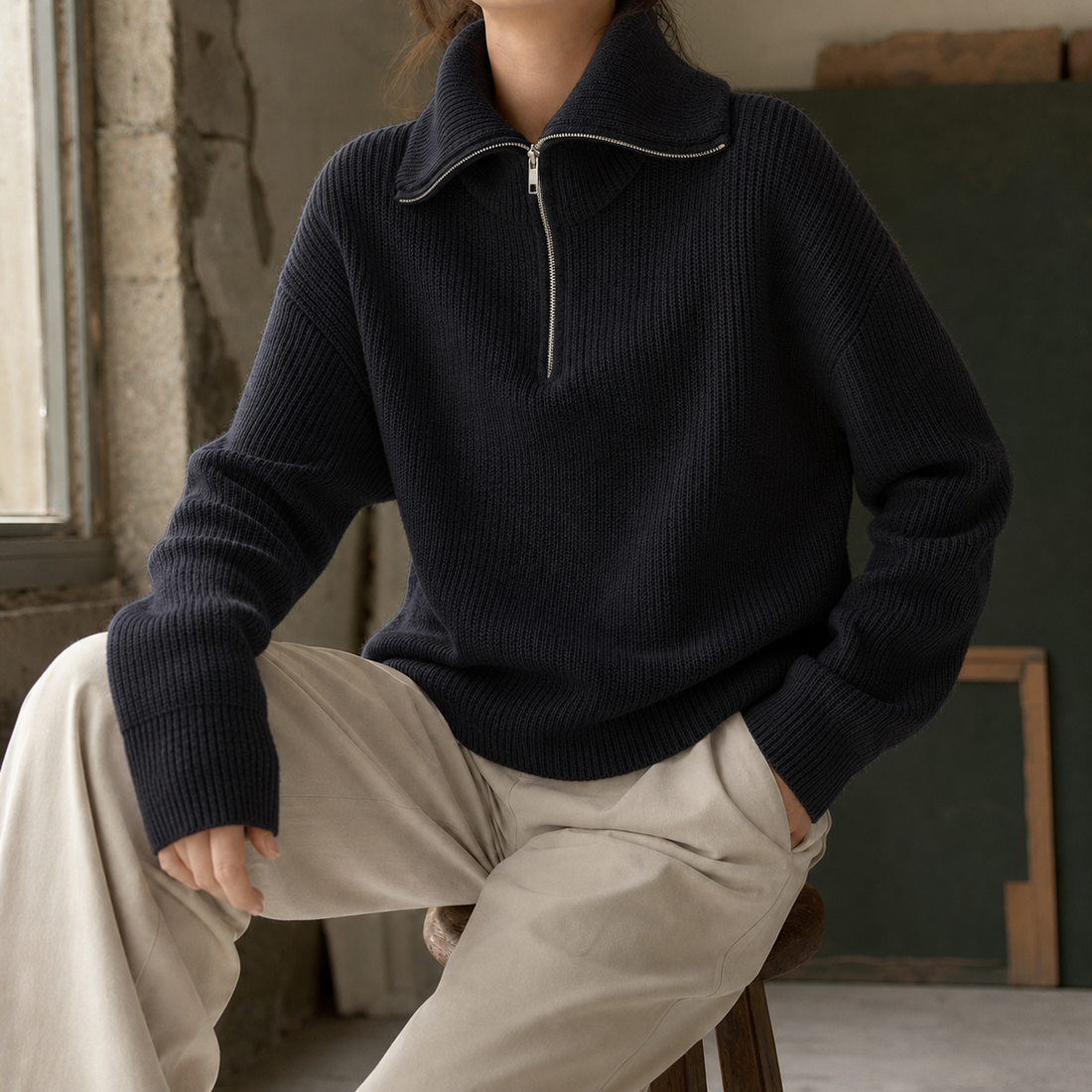 Xaviera-Sage Zip Neck Sweater - Black