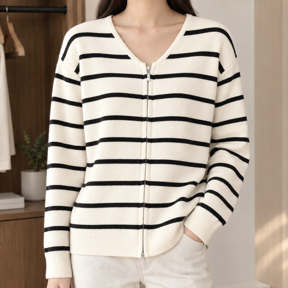Tessa-Hope Striped Cardigan - Apricot Black Stripes