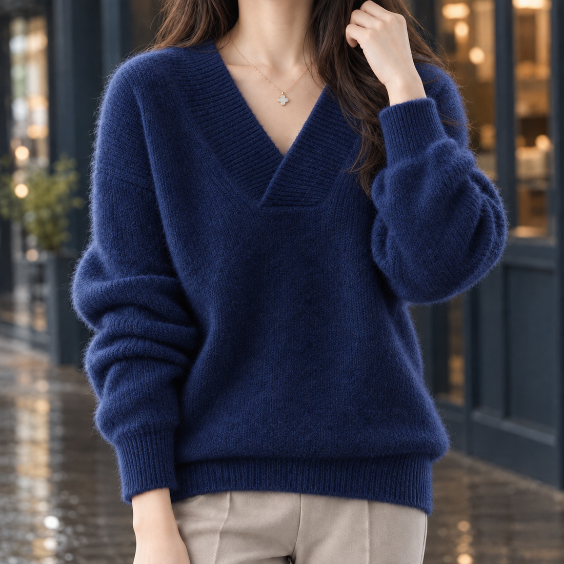 Joelle V Neck Sweater - Navy Blue