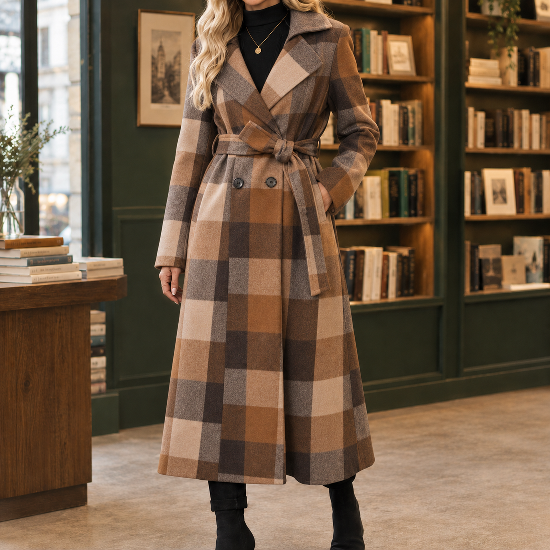 Delia-June Belted Overcoat - Brown Plaid