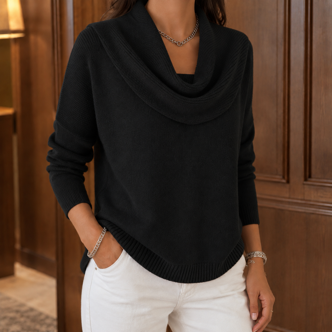 Cassia-Mae Draped Collar Sweater - Black