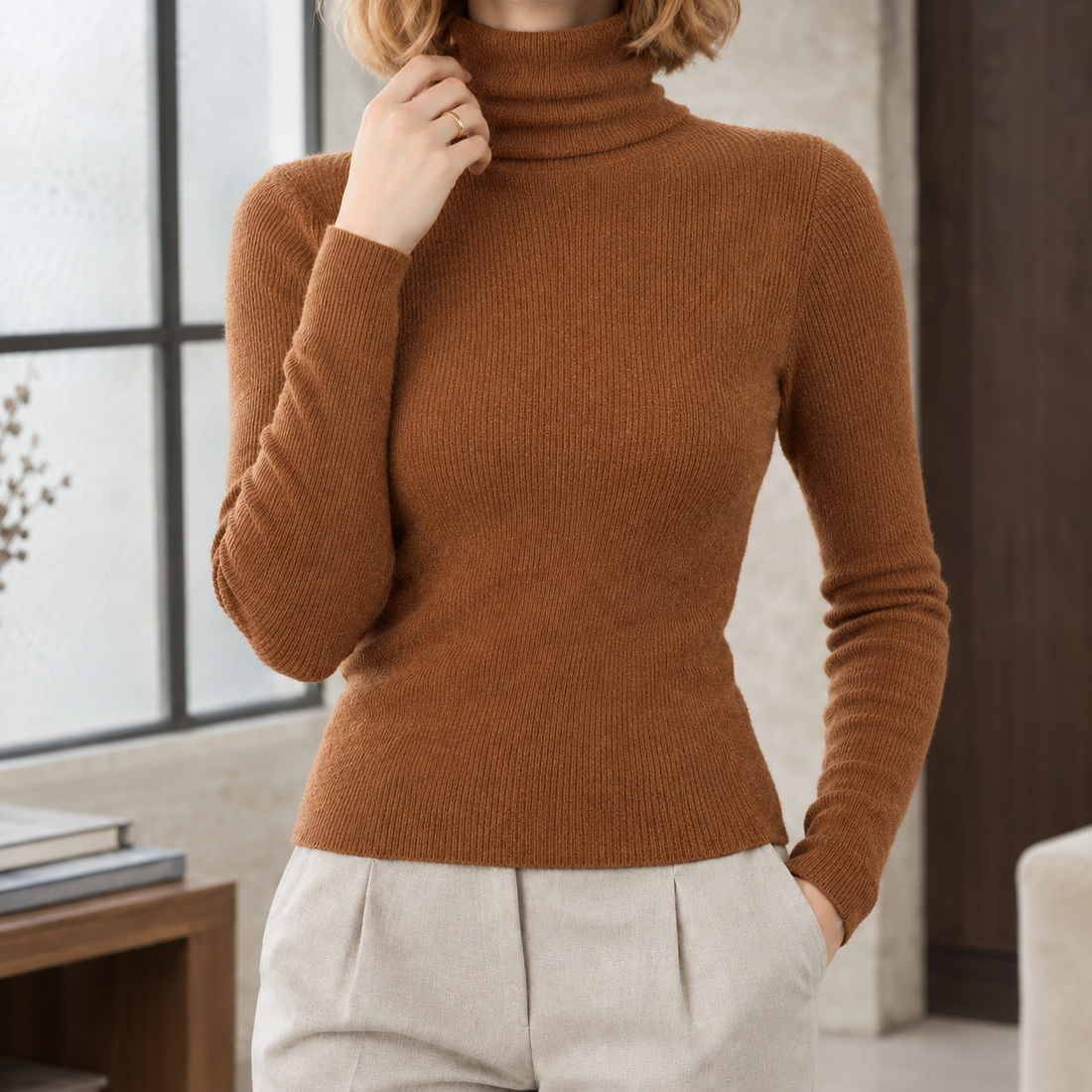 Liliane-Kate Ribbed Turtleneck Sweater - Caramel