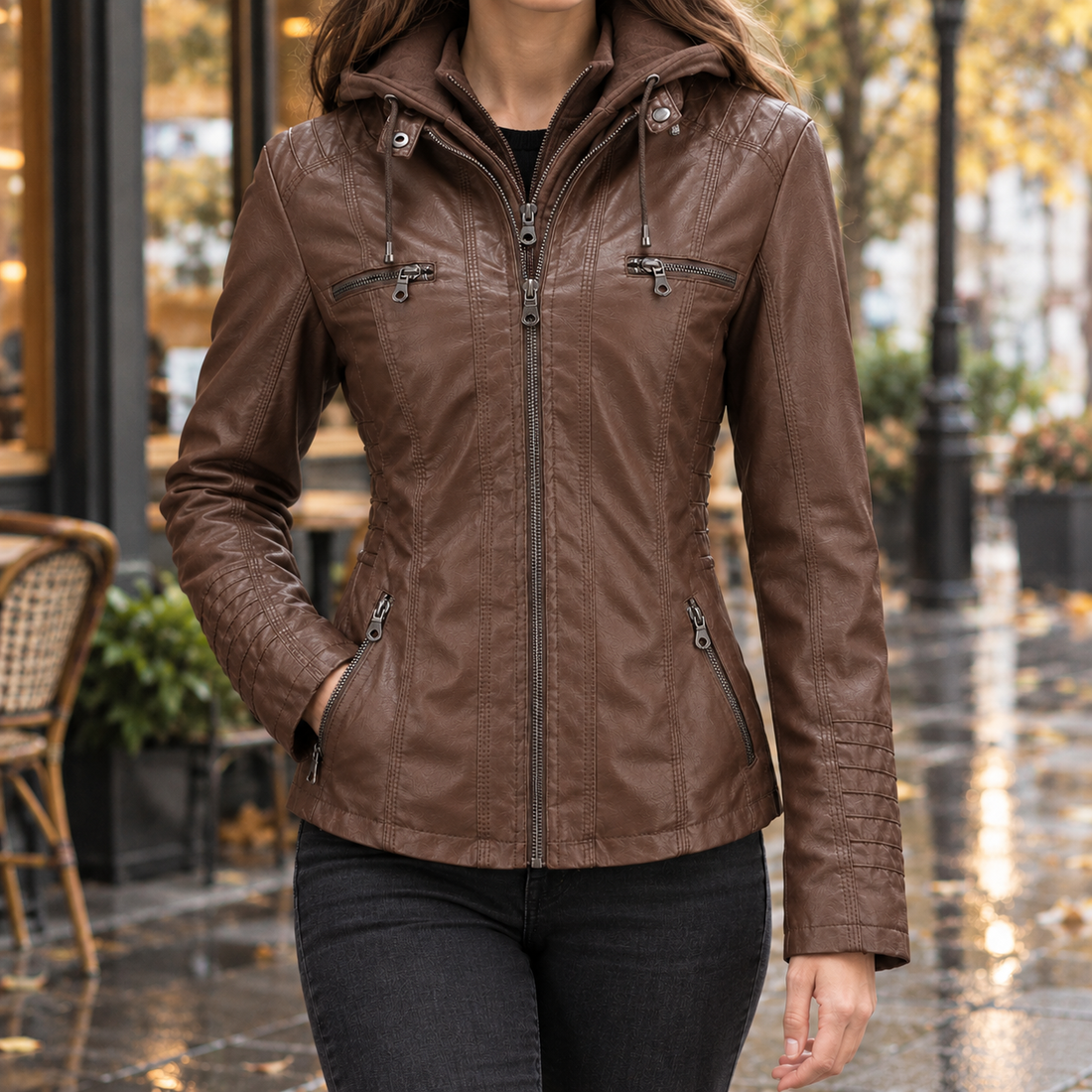 Maxine-Jade Hooded Leather Jacket - Coffee