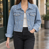 Annabelle-Jade Beaded Denim Jacket - Light Blue