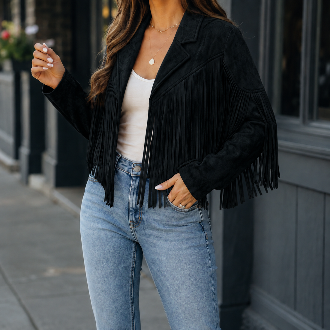 Giselle-Grace Fringe Jacket - Black