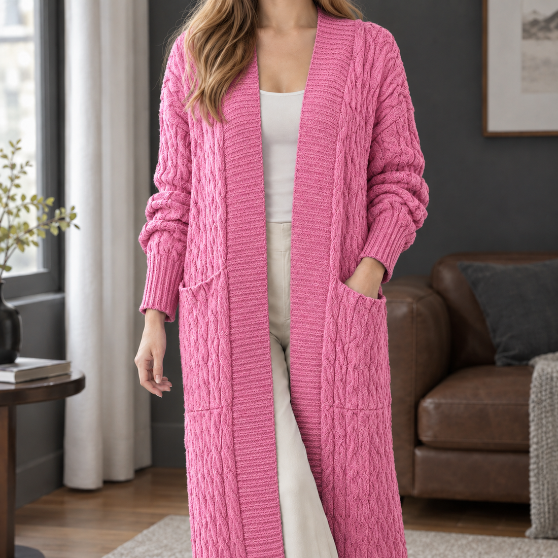 Naomi-Hope Cable Knit Cardigan - Pink