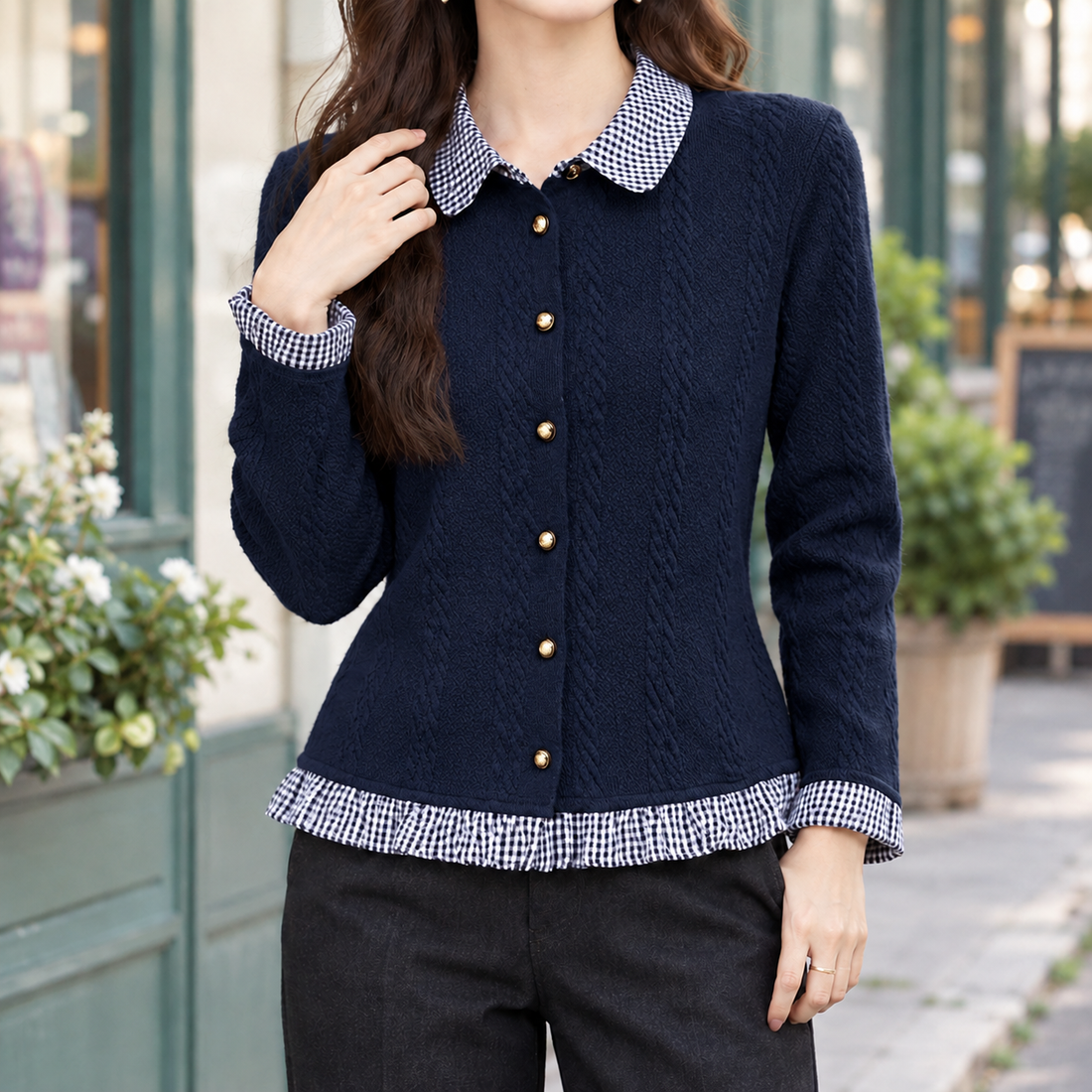Albertine Checked Cardigan - Navy Blue
