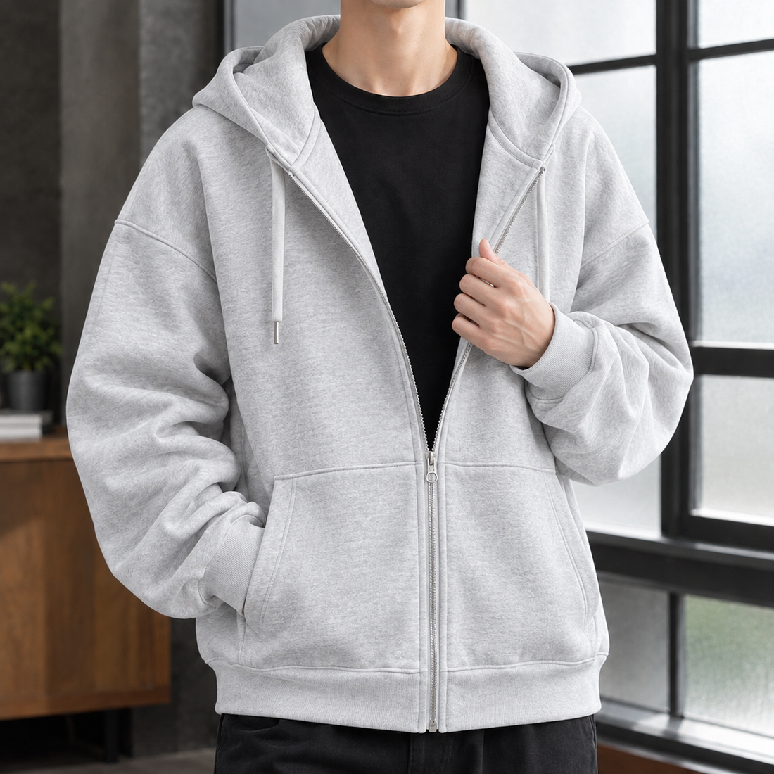 Pascal-Wren Relaxed Zip Hoodie - Light Gray