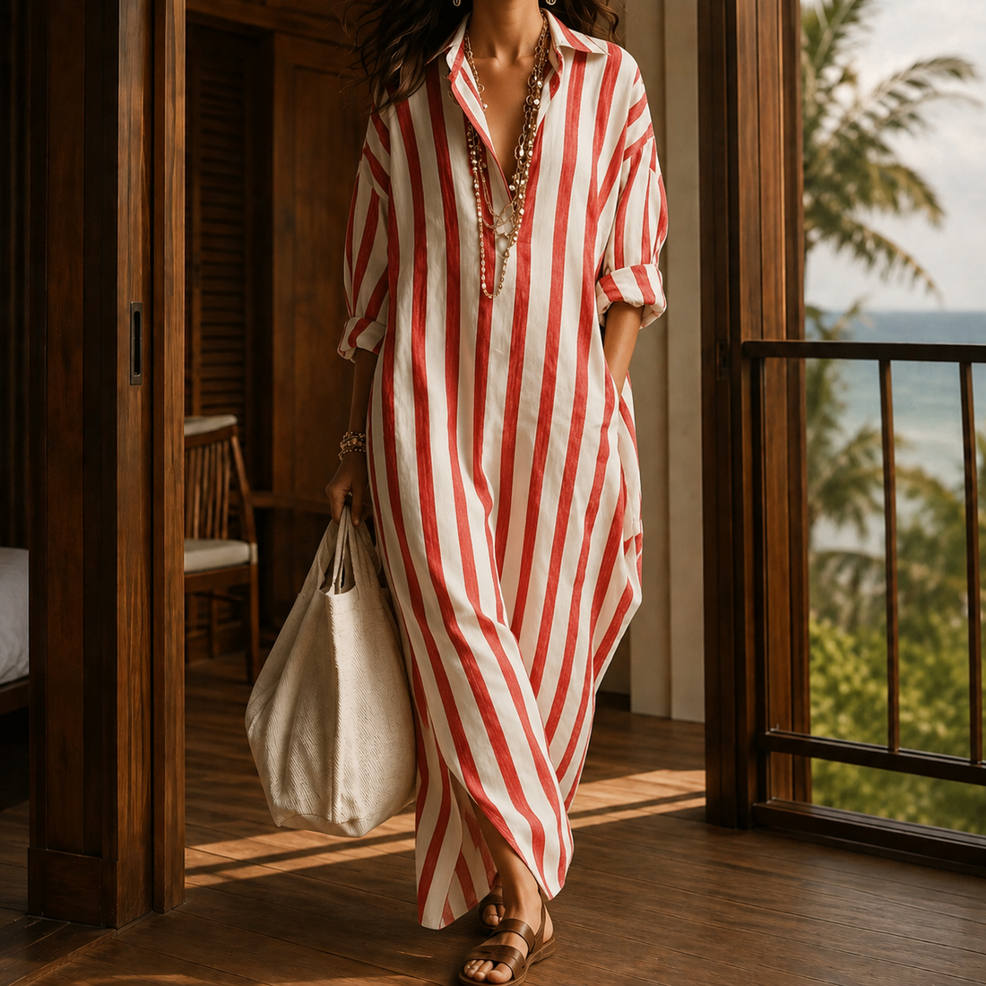 Greta-Lane Striped Maxi Dress - Red