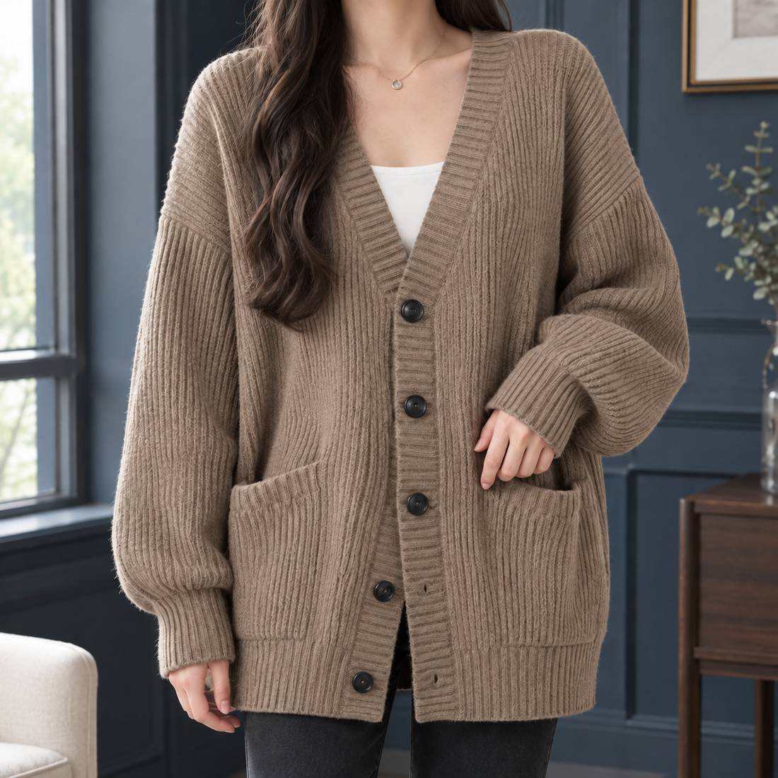 Fernanda-Kate Ribbed Cardigan - Khaki