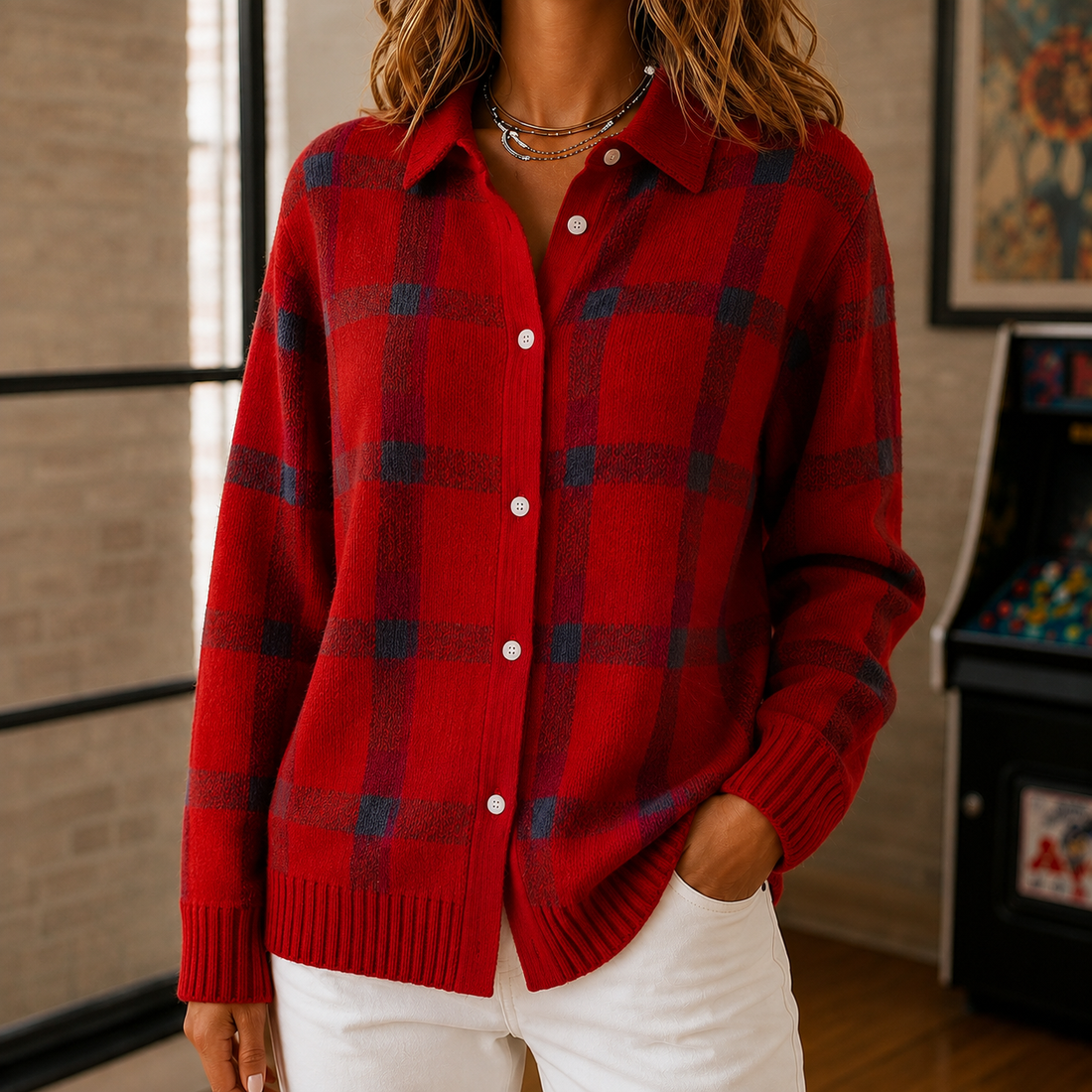 Luna Plaid Sweater - Red