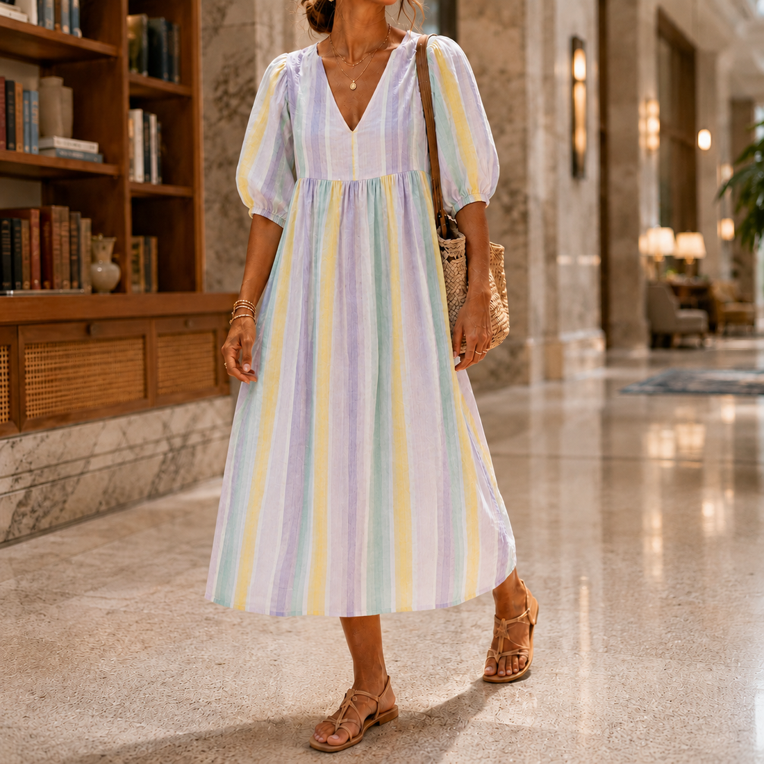 Evangeline Striped Midi Dress - Verde Lila
