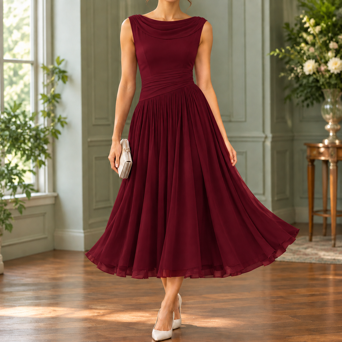 Calla-Grace Draped Midi Dress - Red