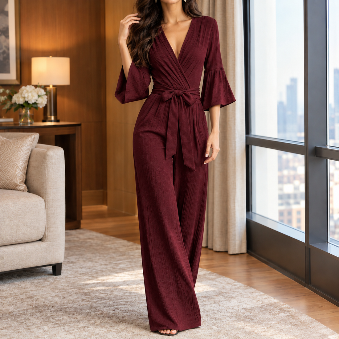 Leontine Wide Leg Jumpsuit - Wine Red