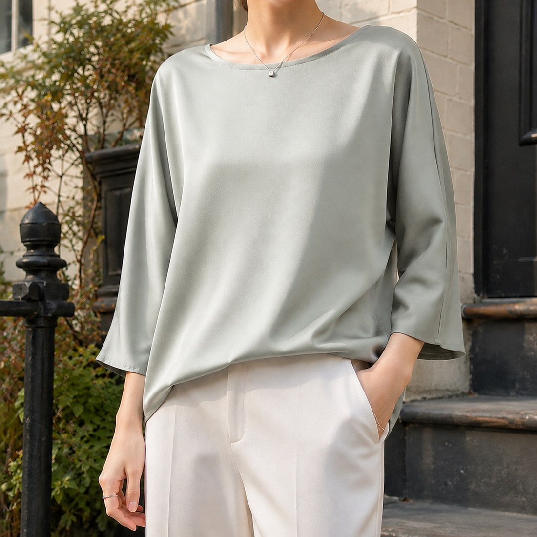 Adelia Relaxed Silk Top - Bean Green