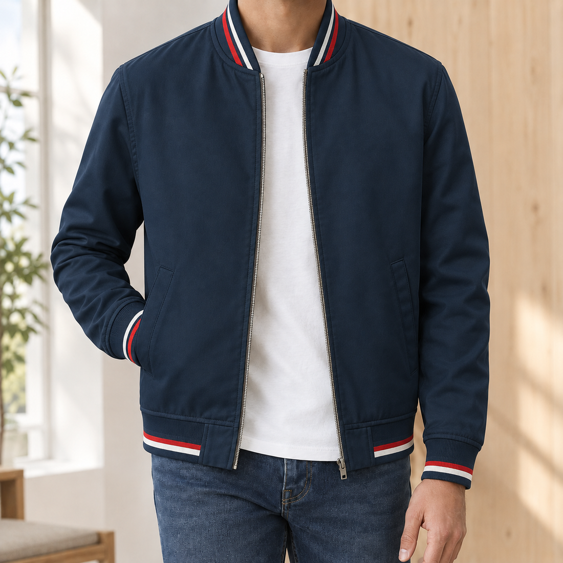 Arthur Striped Bomber Jacket - Navy Blue