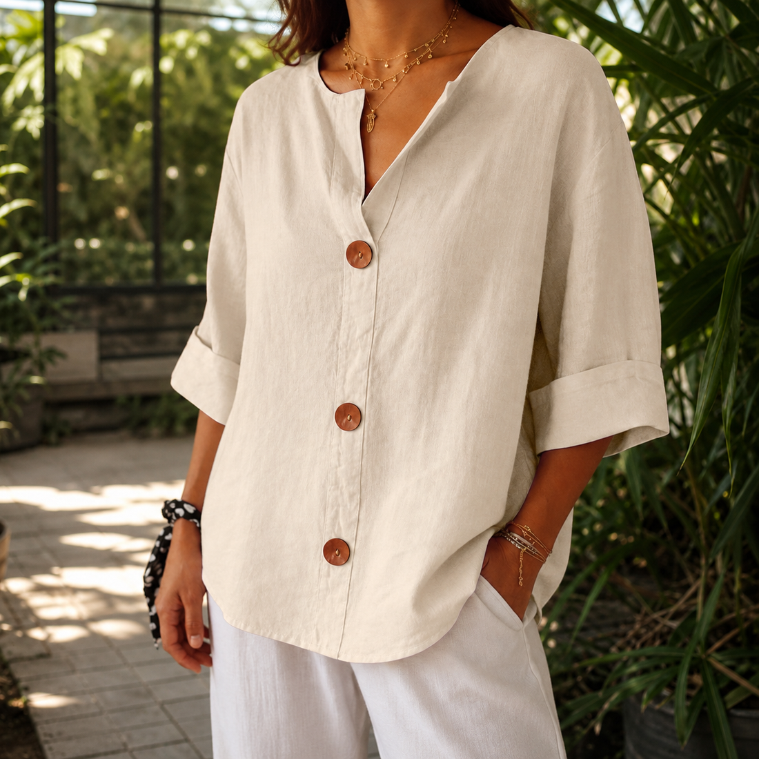 Valencia V Neck Blouse - Beige