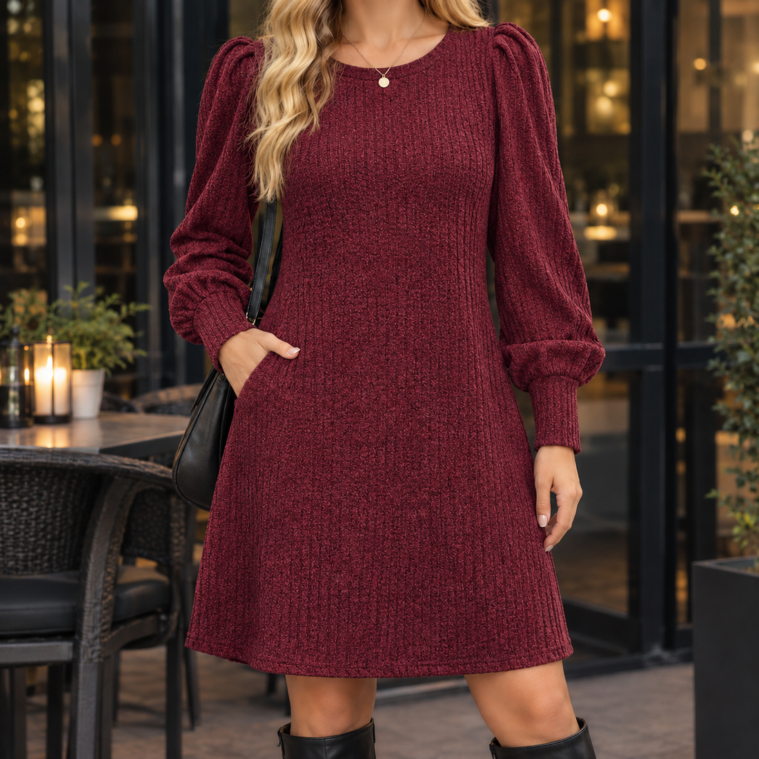 Amelia Puff Sleeve Dress - Wine Red