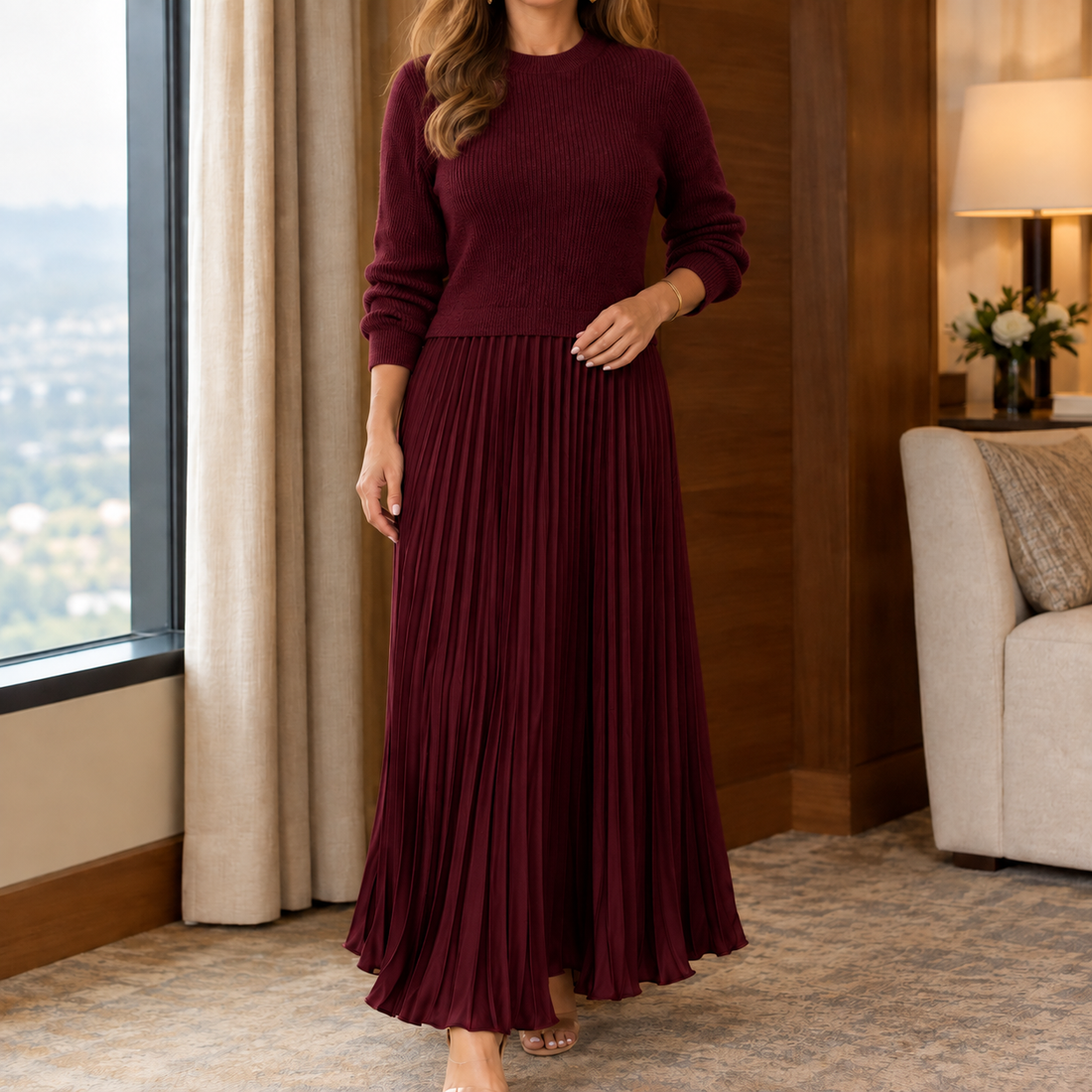 Alvina Pleated Maxi Dress - Wine Red