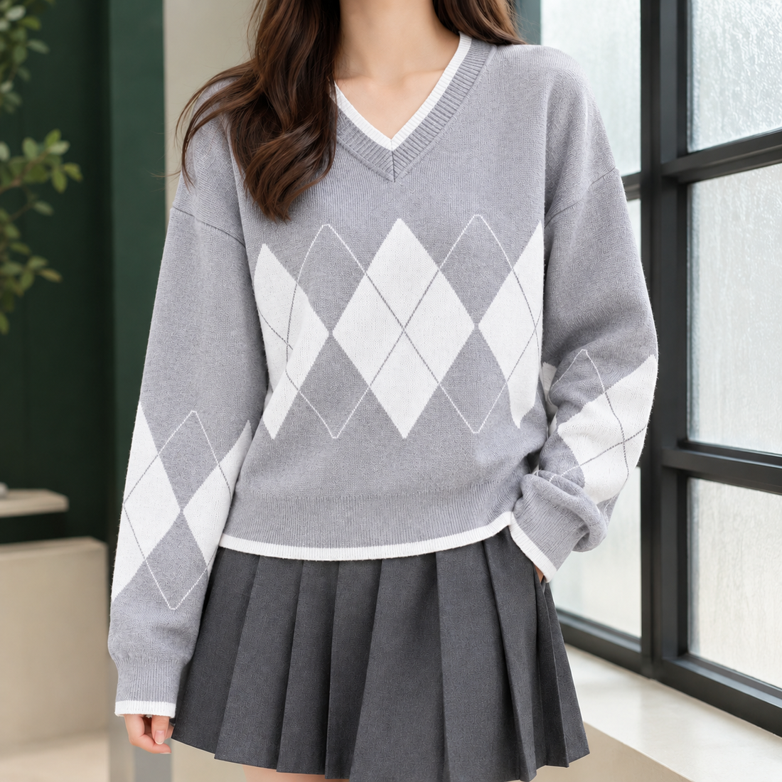 Alina-Elise Argyle Sweater - Light Gray