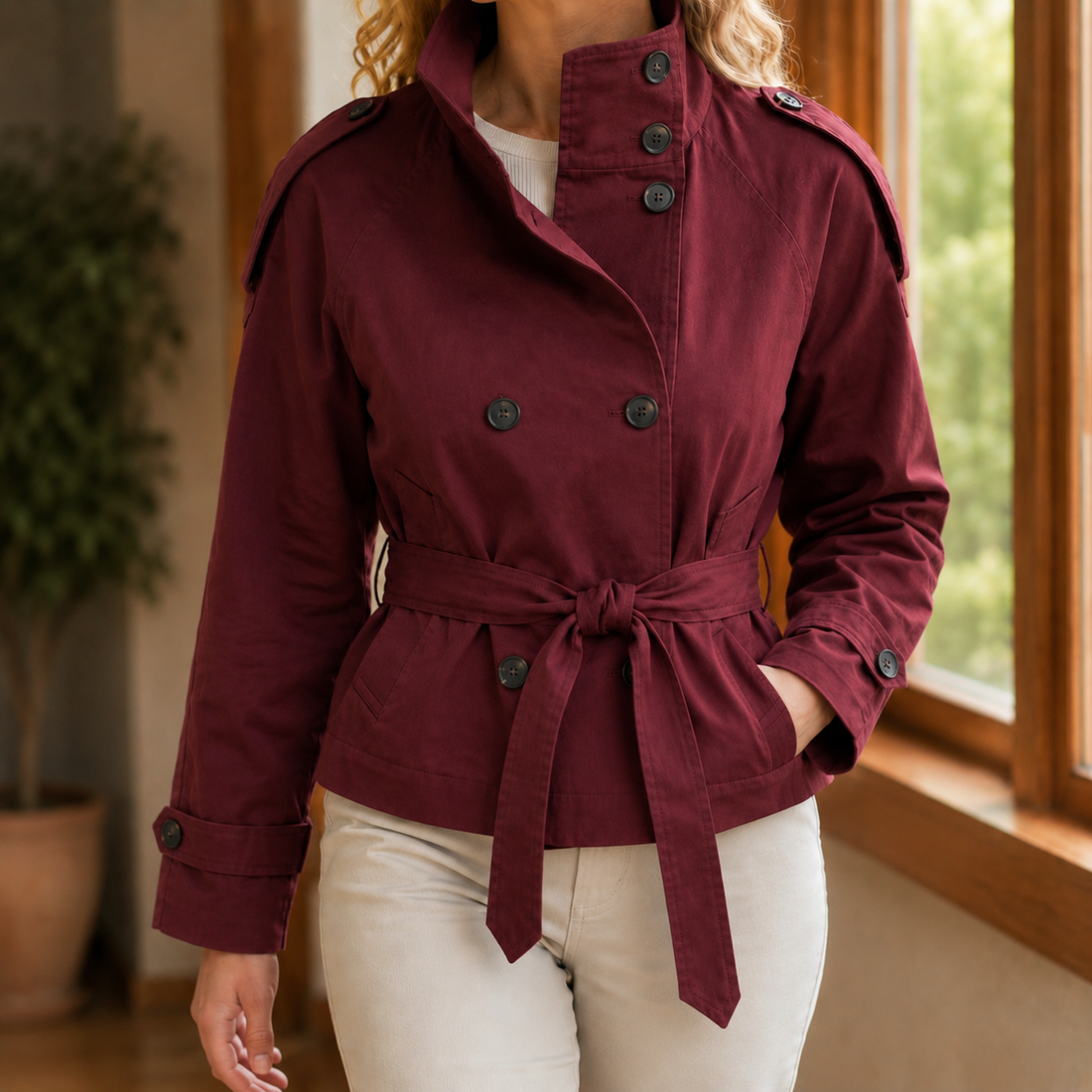 Laurel-Hope Belted Trench Jacket - Wine Red
