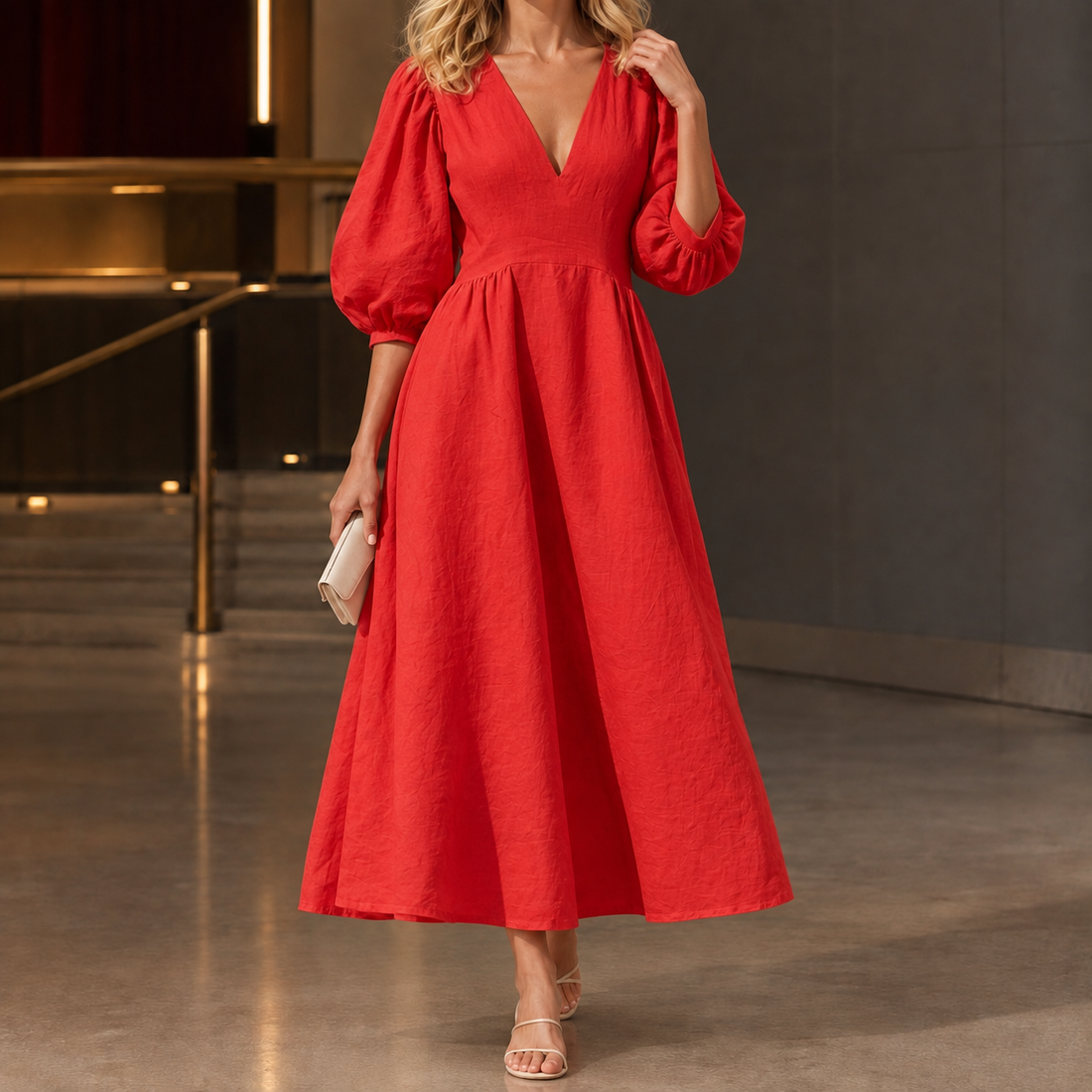 Mackenzie Puff Sleeve Dress - Red
